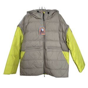 PARAJUMPERS Down Puffer Jacket Womens Size Large L Beige Neon Yellow Coat $885